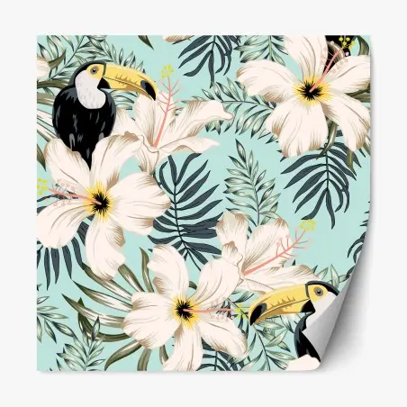 Sticker repositionnable motif tropical hibiscus et toucans sur fond menthe – Wallnifity®