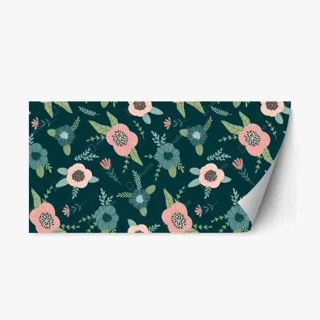 Sticker repositionnable motif floral élégant rose et bleu sur fond vert canard – Wallnifity®