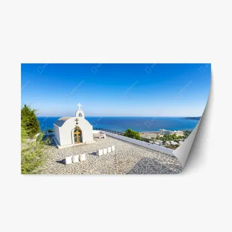 Sticker repositionnable chapelle de mariage surplombant la mer à Faliraki – Wallnifity®