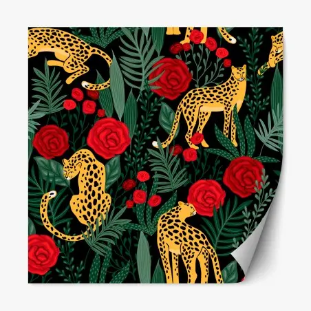 Sticker repositionnable léopards et roses motif floral exotique – Wallnifity®