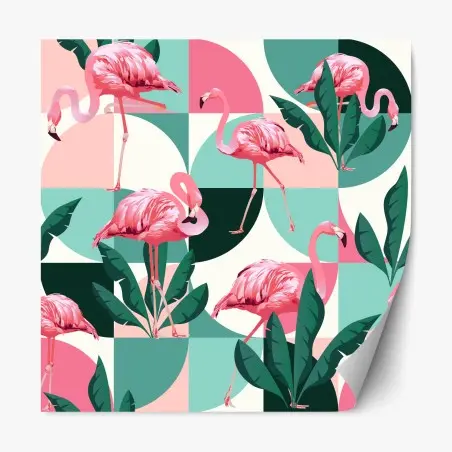 Sticker repositionnable flamants roses et feuilles tropicales en motifs géométriques – Wallnifity®