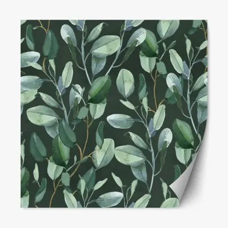 Sticker repositionnable feuillage d'eucalyptus aquarelle sur fond vert profond – Wallnifity®