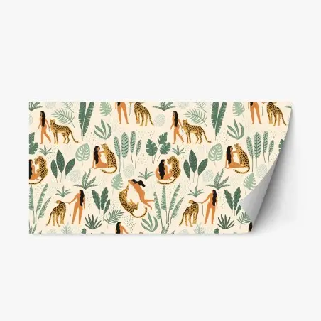 Sticker repositionnable danse sauvage: femmes et léopards dans la jungle – Wallnifity®