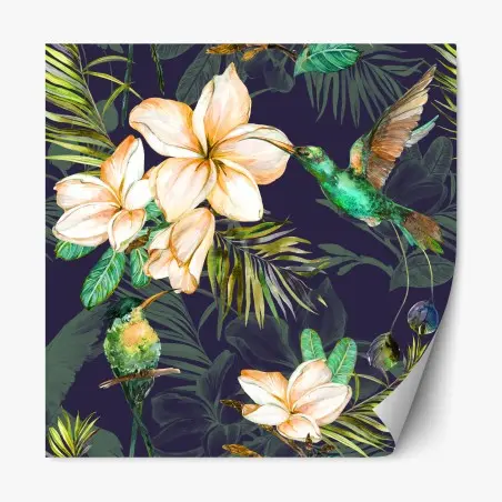 Sticker repositionnable jardin tropical aux colibris et frangipaniers sur fond sombre – Wallnifity®