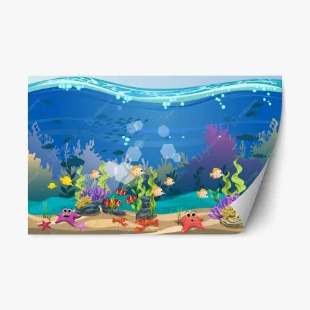 Sticker repositionnable scène sous-marine colorée avec poissons et coraux – Wallnifity®