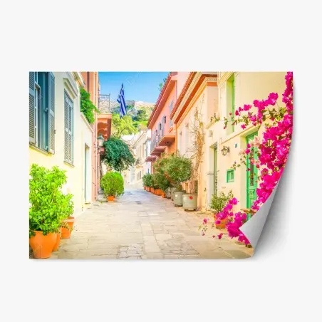 Sticker repositionnable ruelle pittoresque d'Athènes aux bougainvilliers – Wallnifity®