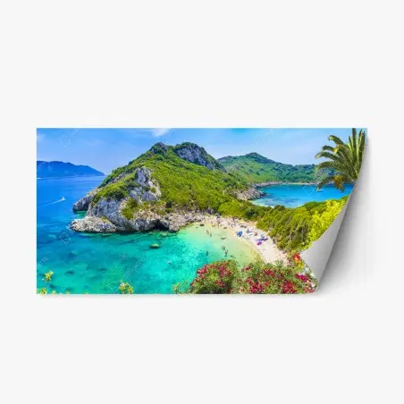 Sticker repositionnable vue aérienne de Porto Timoni, crique aux eaux turquoise – Wallnifity®