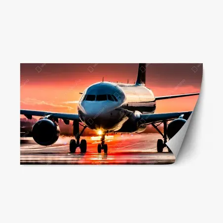 Sticker repositionnable avion au coucher de soleil sur la piste – Wallnifity®