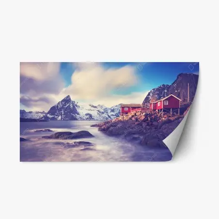 Sticker repositionnable maisons rouges au bord du fjord sous les montagnes enneigées – Wallnifity®