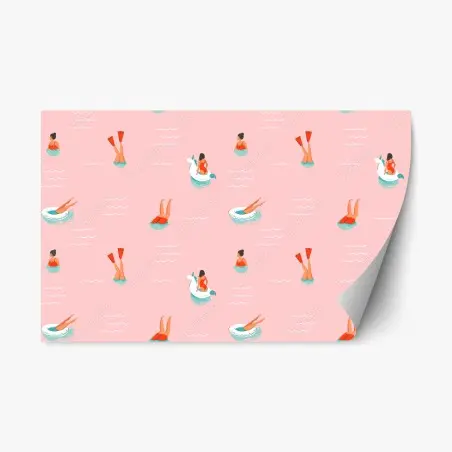 Sticker repositionnable motif estival licorne et nageuses sur fond rose – Wallnifity®
