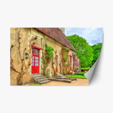 Sticker repositionnable façade rustique aux portes rouges et glycines – Wallnifity®