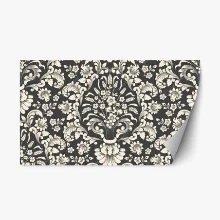 Sticker repositionnable motif floral baroque élégant noir et crème – Wallnifity®