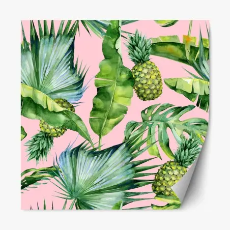Sticker repositionnable motif tropical ananas et feuilles aquarelle sur fond rose – Wallnifity®