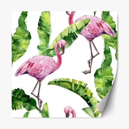 Sticker repositionnable motif tropical flamants roses et feuilles de bananier – Wallnifity®