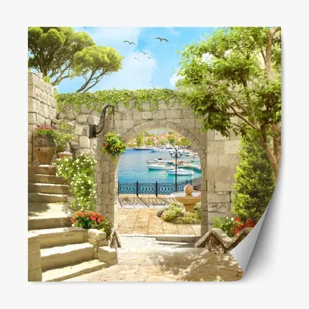 Sticker repositionnable vue méditerranéenne depuis une arcade en pierre – Wallnifity®