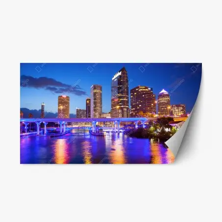 Sticker repositionnable panorama nocturne de Tampa et reflets colorés – Wallnifity®