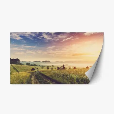 Sticker repositionnable aube brumeuse sur chemin de campagne – Wallnifity®