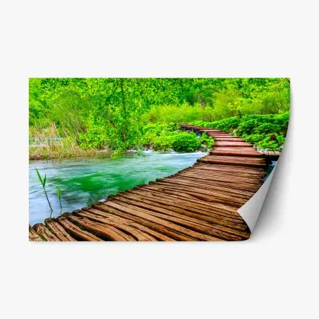 Sticker repositionnable passerelle en bois au milieu d'une nature luxuriante – Wallnifity®