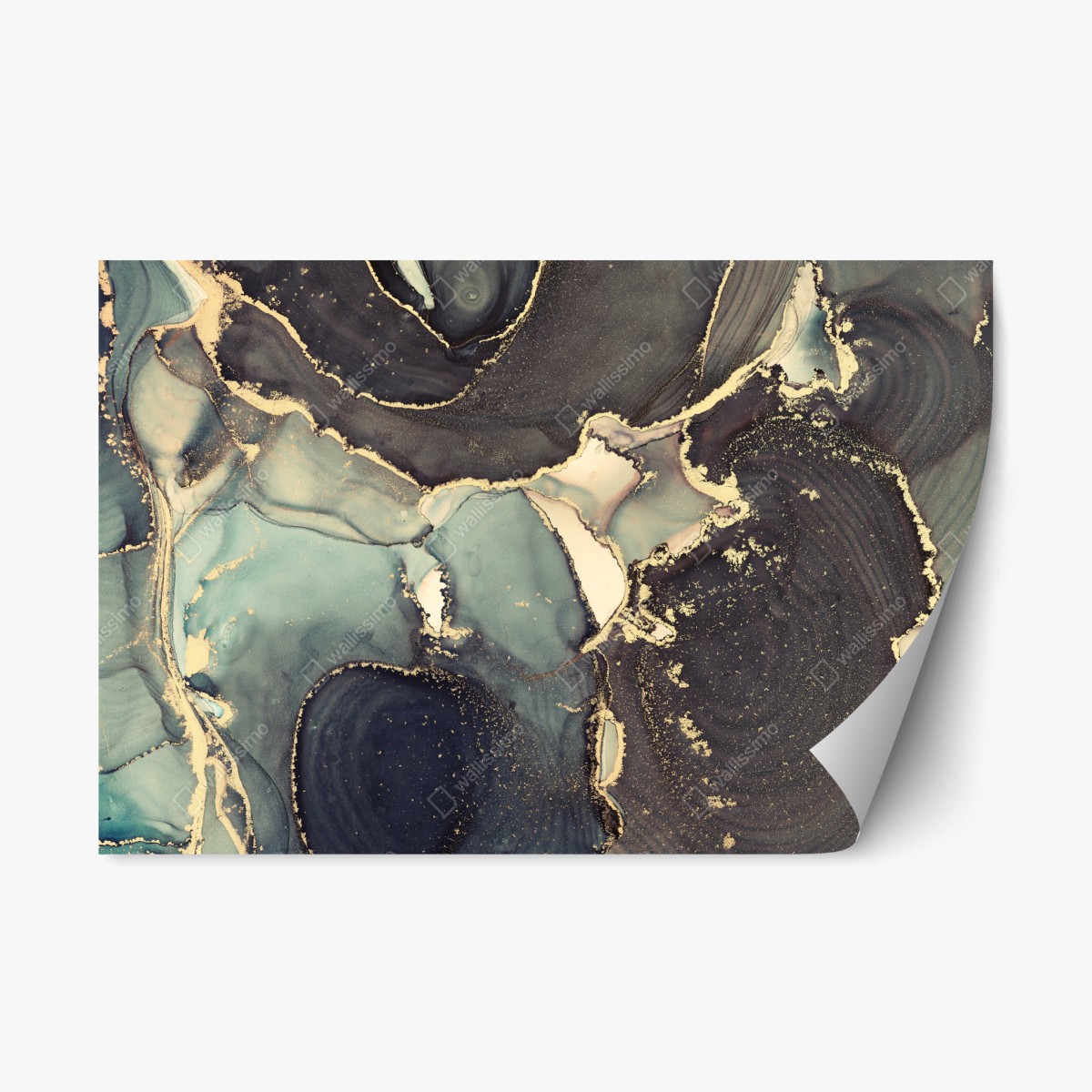 Sticker repositionnable abstraction luxueuse en encre alcool turquoise et or – Wallnifity®