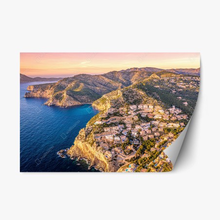 Sticker repositionnable villages perchés sur falaises au crépuscule – Wallnifity®