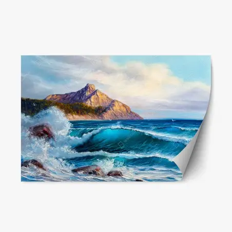 Sticker repositionnable vagues turquoises et falaises dorées – Wallnifity®