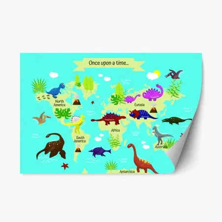 Sticker repositionnable carte du monde préhistorique colorée – Wallnifity®