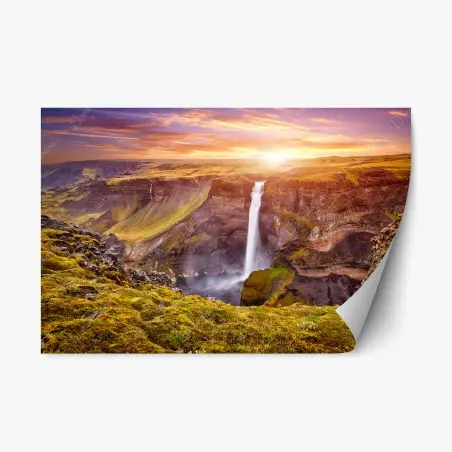 Sticker repositionnable cascade majestueuse de Haifoss en Islande au coucher de soleil – Wallnifity®