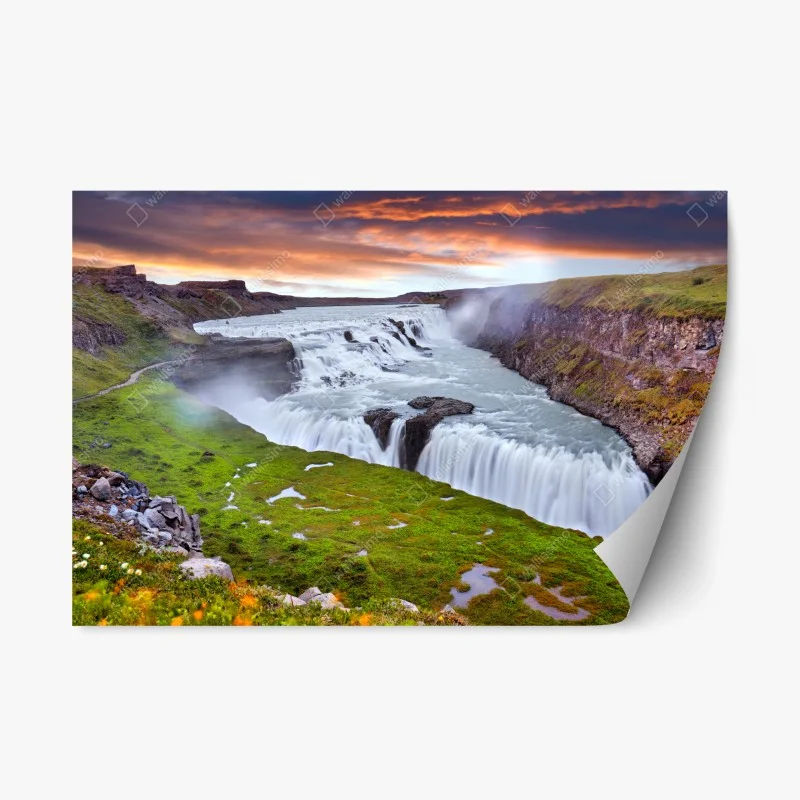 Sticker repositionnable panorama de Gullfoss au coucher de soleil – Wallnifity®