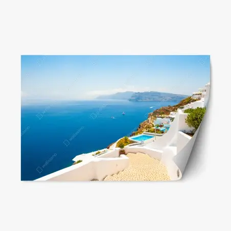 Sticker repositionnable escaliers blancs et mer azur à Santorin, Grèce – Wallnifity®