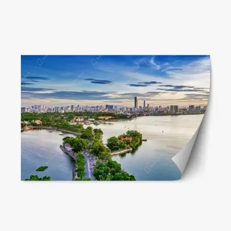 Sticker repositionnable paysage urbain au bord du lac au coucher de soleil – Wallnifity®