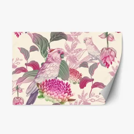 Sticker repositionnable motif tropical élégant aux oiseaux et fleurs roses – Wallnifity®