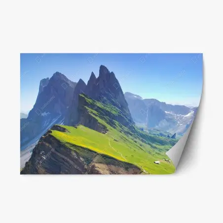 Sticker repositionnable paysage montagnard de Seceda, Dolomites au printemps – Wallnifity®