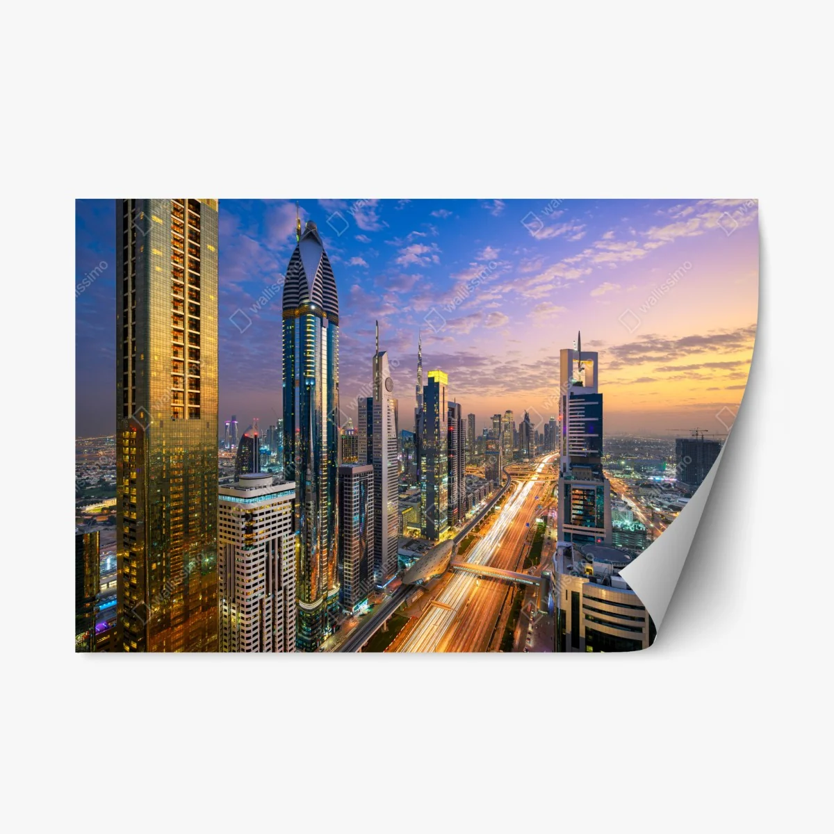 Sticker repositionnable panorama nocturne de Sheikh Zayed Road, Dubaï – Wallnifity® Sticker repositionnable panorama nocturne de Sheikh Zayed Road, Dubaï – Wallnifity®