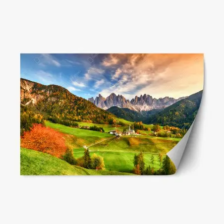Sticker repositionnable lever de soleil sur Santa Maddalena, Dolomites en automne – Wallnifity®