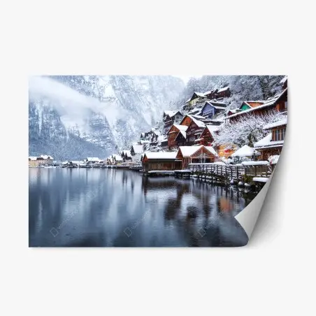 Sticker repositionnable panorama hivernal de Hallstatt au bord du lac – Wallnifity®