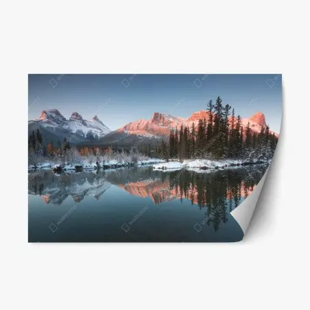 Sticker repositionnable aurore sur montagnes enneigées et reflet paisible – Wallnifity®