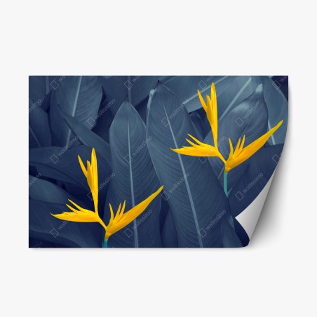 Sticker repositionnable composition botanique oiseau de paradis sur feuillage bleu – Wallnifity®