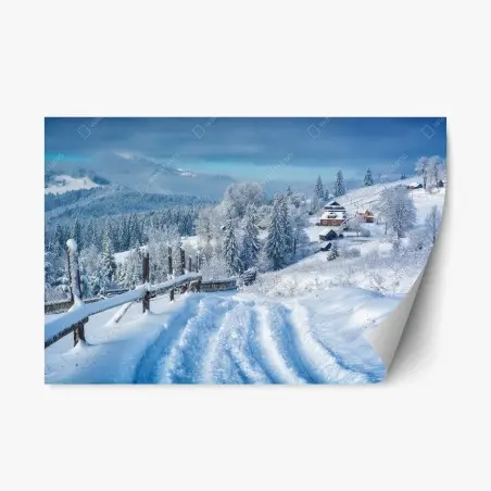 Sticker repositionnable chemin vers village alpin enneigé – Wallnifity®