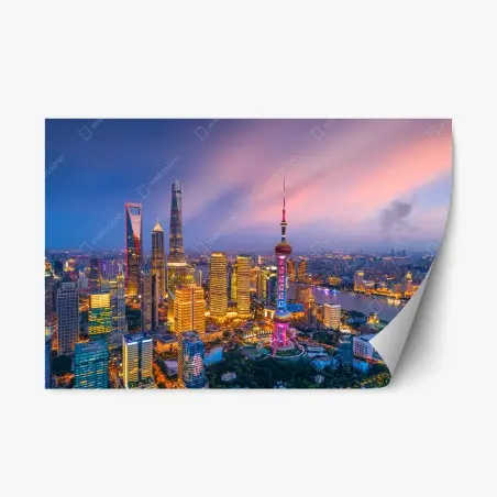 Sticker repositionnable panorama nocturne de Shanghai au crépuscule – Wallnifity®