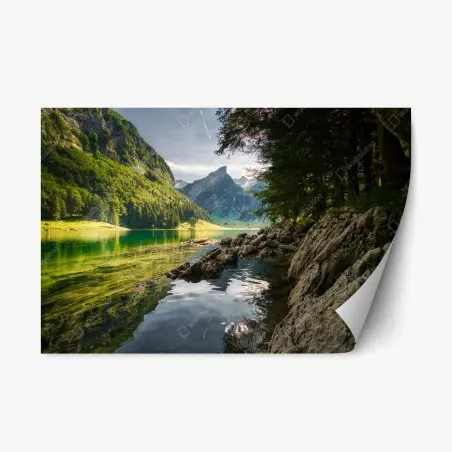 Sticker repositionnable lac alpin émeraude au pied des montagnes – Wallnifity®