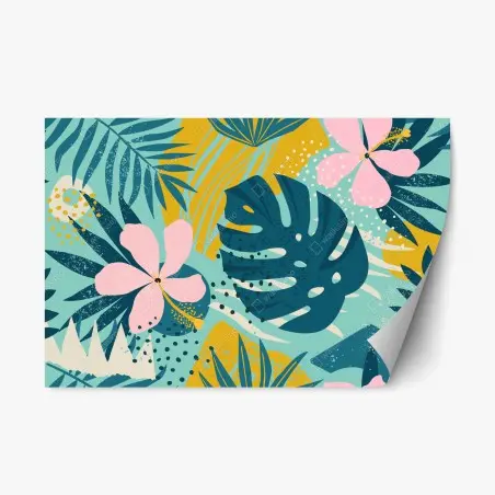 Sticker repositionnable paradis tropical fleuri aux teintes vives – Wallnifity®