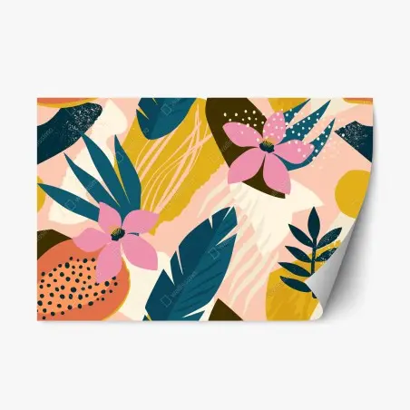 Sticker repositionnable jardin tropical abstrait aux fleurs roses – Wallnifity®
