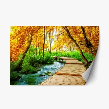 Sticker repositionnable chemin en bois au bord des lacs de Plitvice en automne – Wallnifity®