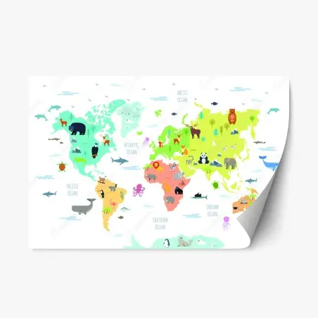 Sticker repositionnable carte du monde des animaux illustrée et colorée – Wallnifity®