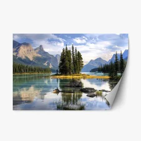 Sticker repositionnable île boisée sur lac alpin aux eaux turquoises – Wallnifity®