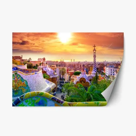 Sticker repositionnable vue colorée du Parc Güell à Barcelone au coucher de soleil – Wallnifity®