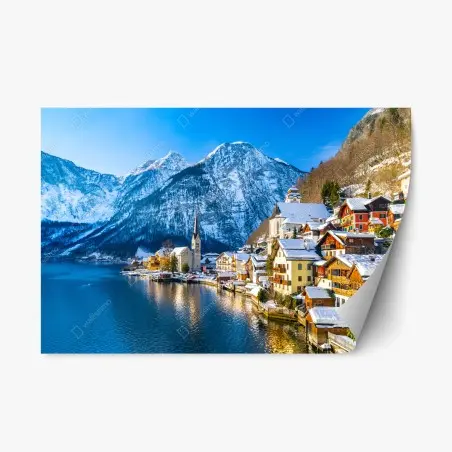 Sticker repositionnable village alpin pittoresque au bord du lac à Hallstatt – Wallnifity®