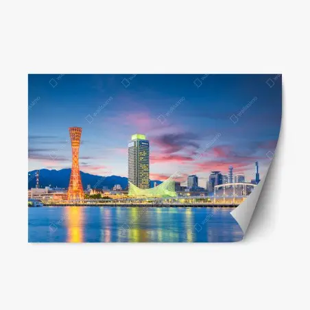 Sticker repositionnable Kobe au crépuscule : panorama du port illuminé – Wallnifity®