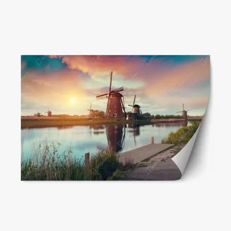 Sticker repositionnable moulins au crépuscule et reflet paisible – Wallnifity®