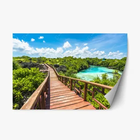 Sticker repositionnable passerelle en bois sur lagon turquoise – Wallnifity®